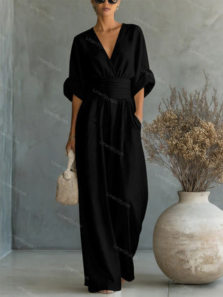 Lumina | Elegante en getailleerde jumpsuit met diepe V-hals – Luxe Designer eendelig Pak Zwart