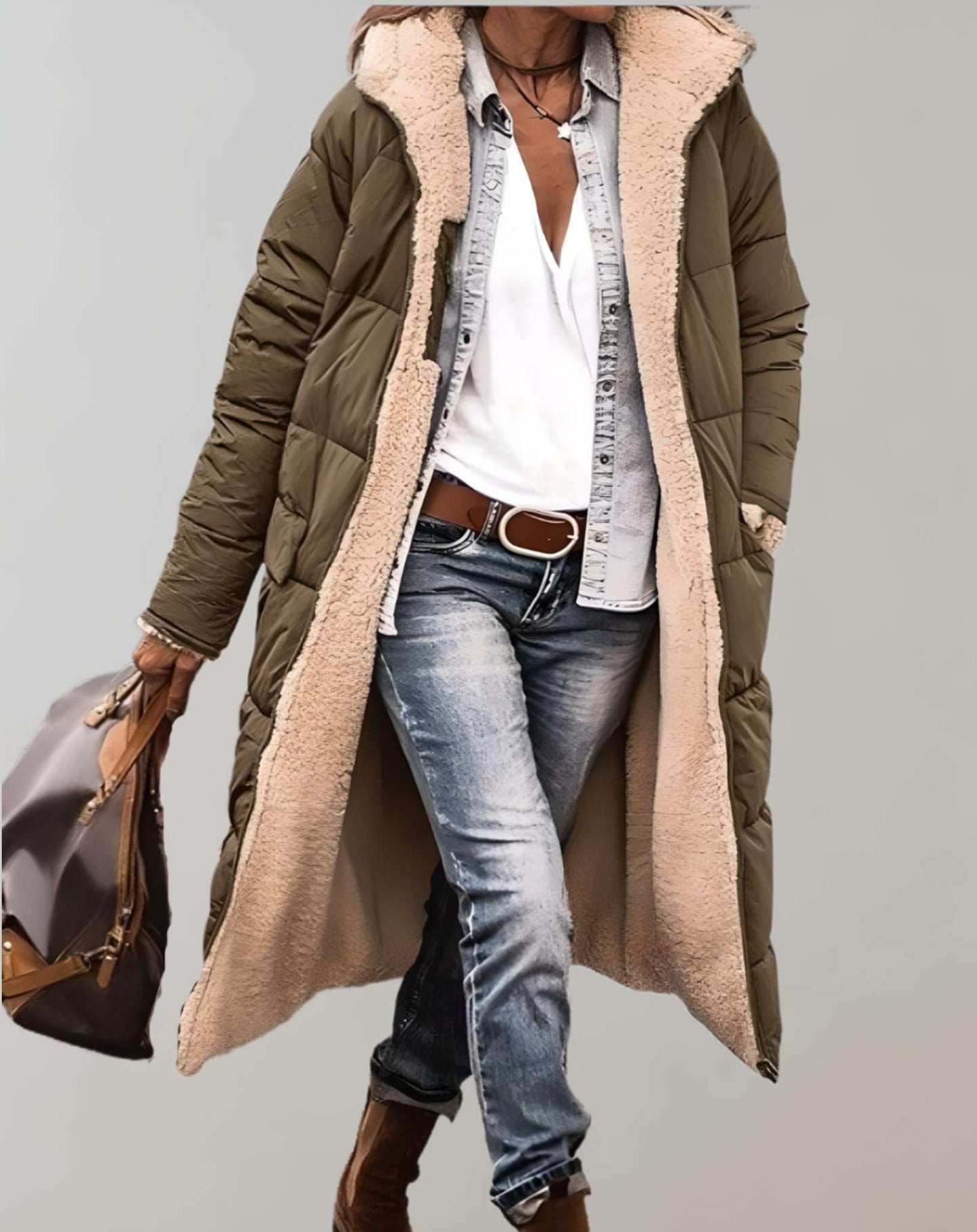 Dames Warme Winter Trenchcoat Met Fleecevoering Voor Dames Legergroen