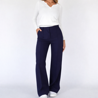Manda | Dames Pantalon – Elegante Hoge Taille, Klassieke Rechte Pijpen & Zakelijke Verfijning Blauw