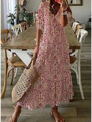 Luna | Bohemian zomerjurk met korte mouwen en V-hals voor dames | Maxi roze