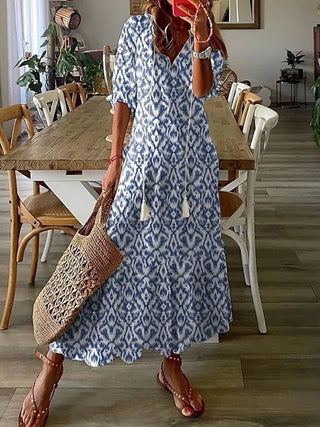 Luna | Bohemian zomerjurk met korte mouwen en V-hals voor dames | Maxi lichtblauw