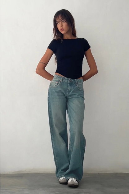 Lage Taille Jeans – Trendy en Comfortabele Stretch Denim | Y2K Pasvorm Blauw Wit