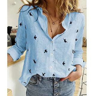 Valoria - Casual Blouse | Een Stoere & Luchtige Damesblouse Blauw (met vogeltjes)