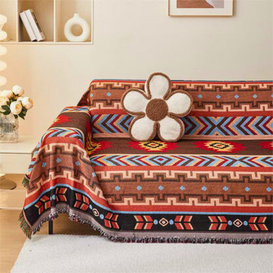 Boho Sofa Cover met Geometrische Patronen en Franjes