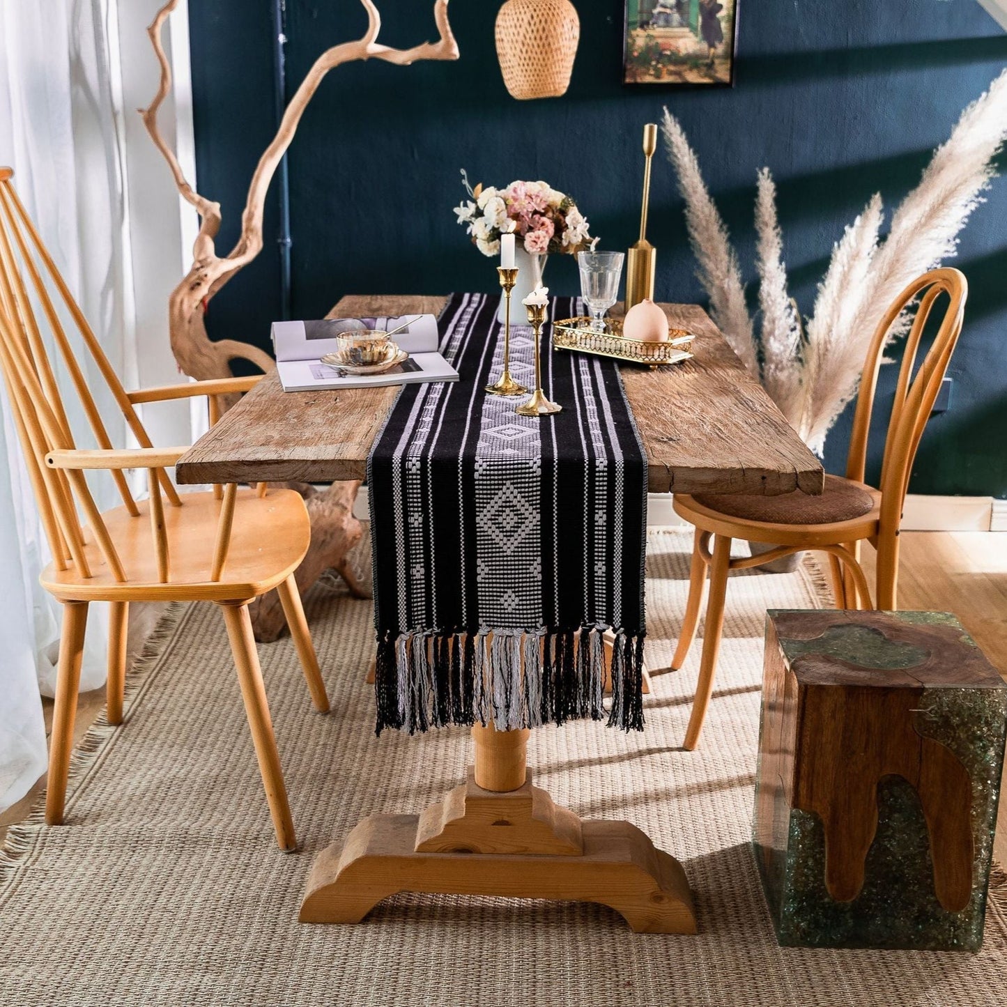 Boho Tafelloper Met Kwastjes Voor Een Stijlvolle Tafeldecoratie Zwart