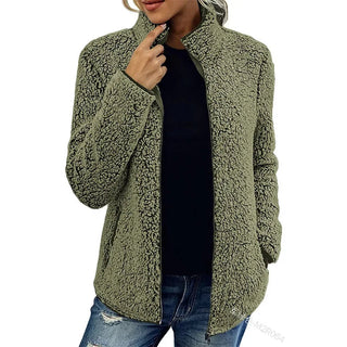 Mechi | Dames Teddy Jasje – Zacht Fleece met Rits & Warm Comfort Olijfgroen