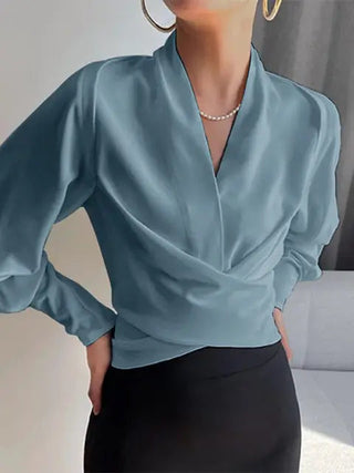 Damesblouses met V-hals en pofmouwen, flatterende taille, geschikt voor elke dag en feestjes. Blauw