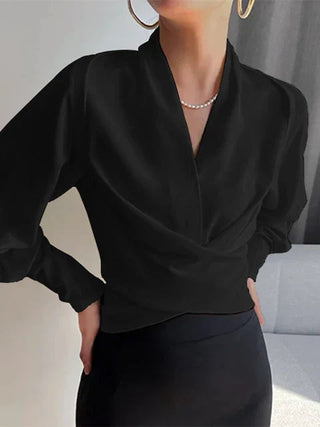 Damesblouses met V-hals en pofmouwen, flatterende taille, geschikt voor elke dag en feestjes. Zwart