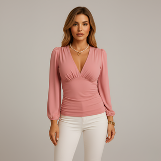 Parsha | Dames Top – Elegante V-hals, Verfijnde Lange Mouwen & Nauwsluitende Pasvorm Roze