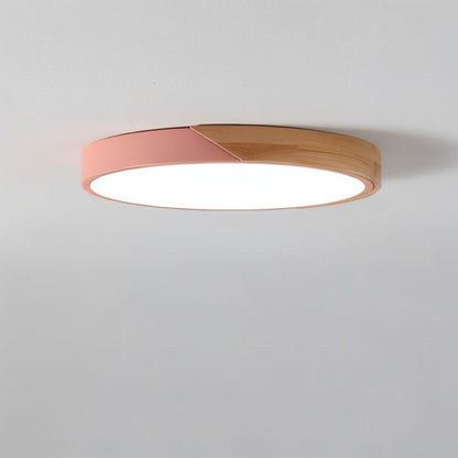Houten En IJzeren Plafondlamp Met Witte Diffuser Licht Roze Rond