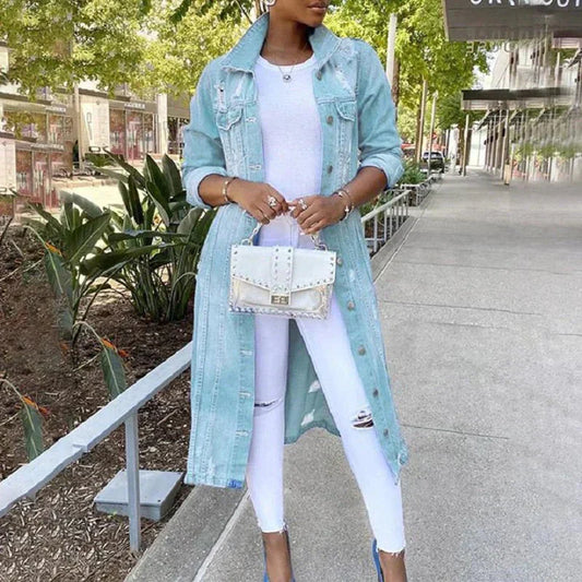 Denim Trenchcoat Langlijn Longline Trenchcoat Everyday Wear Lichtblauw