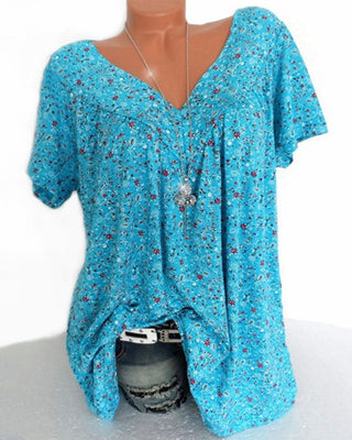 Sophé | Damesblouse met bloemenprint – Korte mouwen, Elegante V-hals blauw