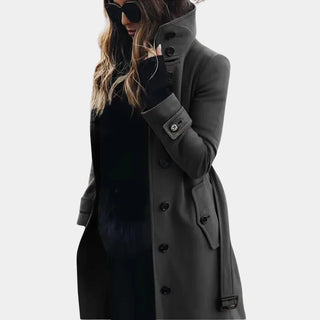 Dames Trenchcoat Tussenjas Wolmix Hoge Kraag Ceintuur Grijs