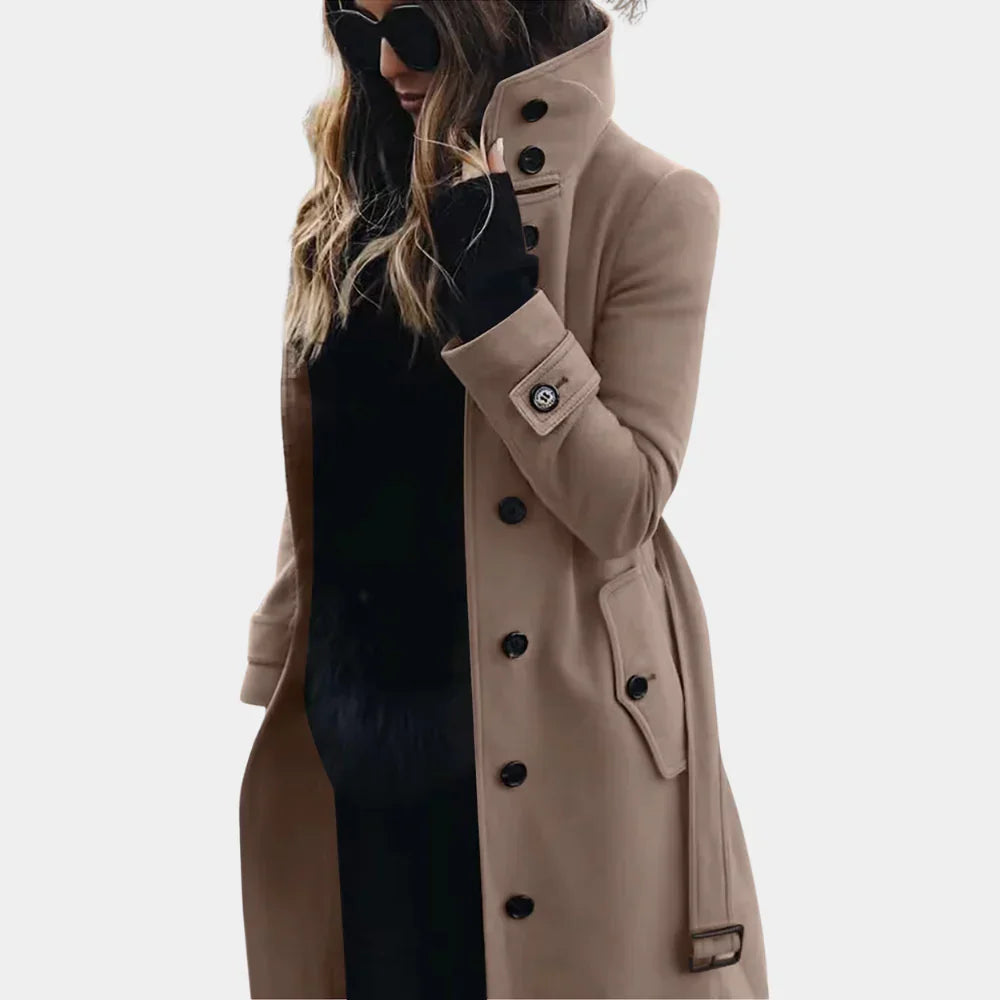 Dames Trenchcoat Tussenjas Wolmix Hoge Kraag Ceintuur Beige