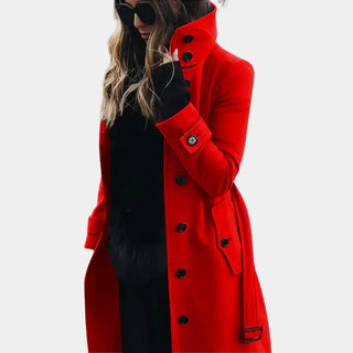Dames Trenchcoat Tussenjas Wolmix Hoge Kraag Ceintuur Rood