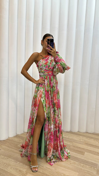Dolce | Dames Maxi-jurk – One-shoulder Design & Multicolor Print roze