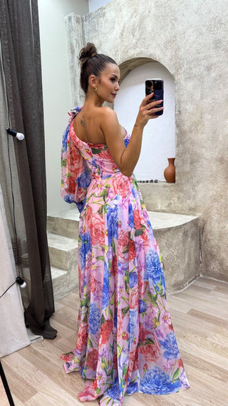 Dolce | Dames Maxi-jurk – One-shoulder Design & Multicolor Print