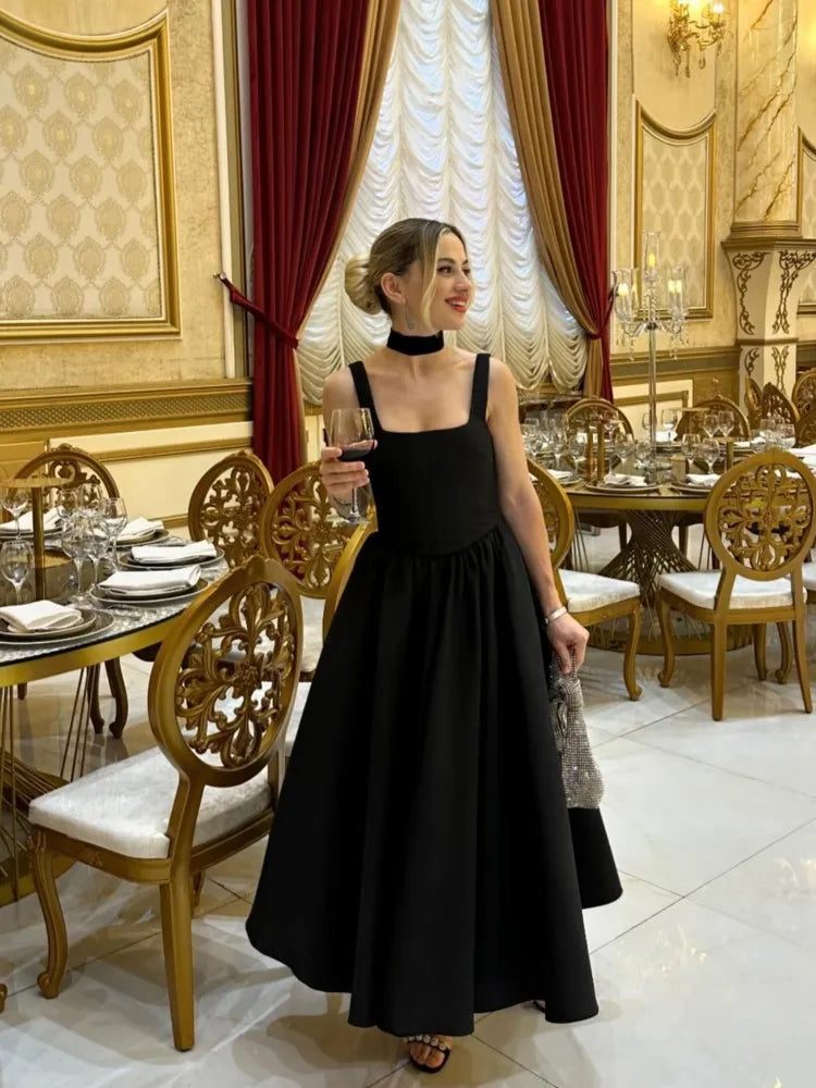 Dames Jurk – Mouwloos – A-lijn Midi – Vierkante Hals – Elegante Tailleaccentuatie