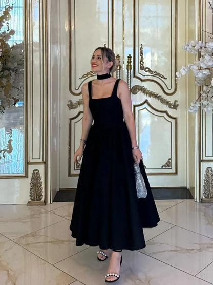 Dames Jurk – Mouwloos – A-lijn Midi – Vierkante Hals – Elegante Tailleaccentuatie