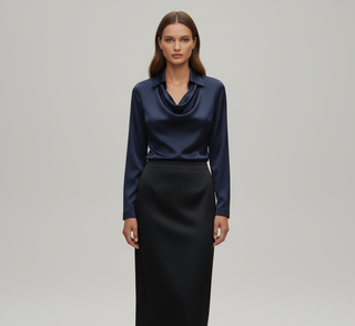 Sahara | Dames Blouse – Luxueus Satijn, Elegante Zachte Kraag & Zijdezachte Glans Marineblauw