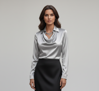Sahara | Dames Blouse – Luxueus Satijn, Elegante Zachte Kraag & Zijdezachte Glans Grijs