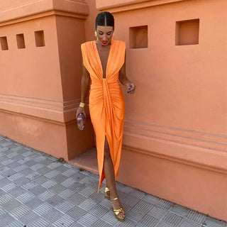 Essa | Mouwloze midi-jurk met V-hals voor dames Oranje