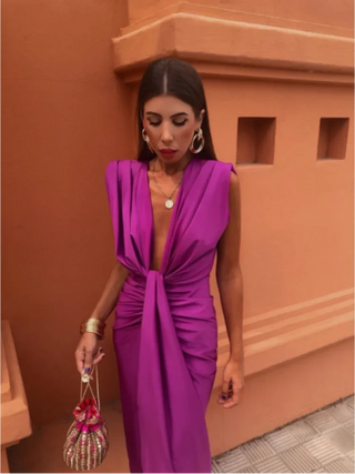 Essa | Mouwloze midi-jurk met V-hals voor dames Fuchsia