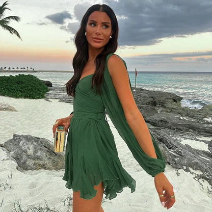 Dames Jurk - Diepe V-Hals - Lange Mouwen - A-Lijn Met Ruches - Elastische Taille