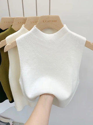 Gebreide tanktop voor dames, mouwloos, effen kleur, geschikt voor de zomer en de herfst. WIT Eén maat