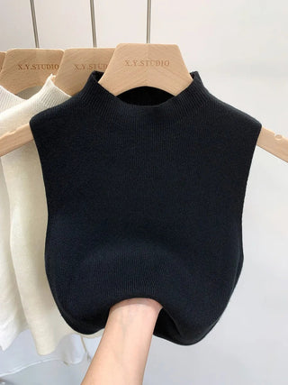 Gebreide tanktop voor dames, mouwloos, effen kleur, geschikt voor de zomer en de herfst. Zwart Eén maat