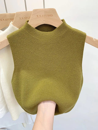 Gebreide tanktop voor dames, mouwloos, effen kleur, geschikt voor de zomer en de herfst. Groen Eén maat