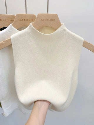 Gebreide tanktop voor dames, mouwloos, effen kleur, geschikt voor de zomer en de herfst. Beige Eén maat