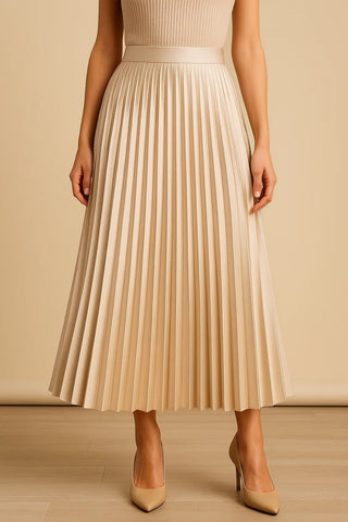 Mechi | Geplooide satijnen damesrok – hoge taille en gladde afwerking Beige