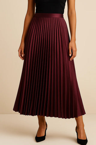 Mechi | Geplooide satijnen damesrok – hoge taille en gladde afwerking Bordeaux