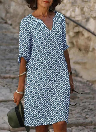 Parsha | Vintage zomerjurk – Split-halslijn, 3/4 mouwen & Klassieke midi-elegantie blauw