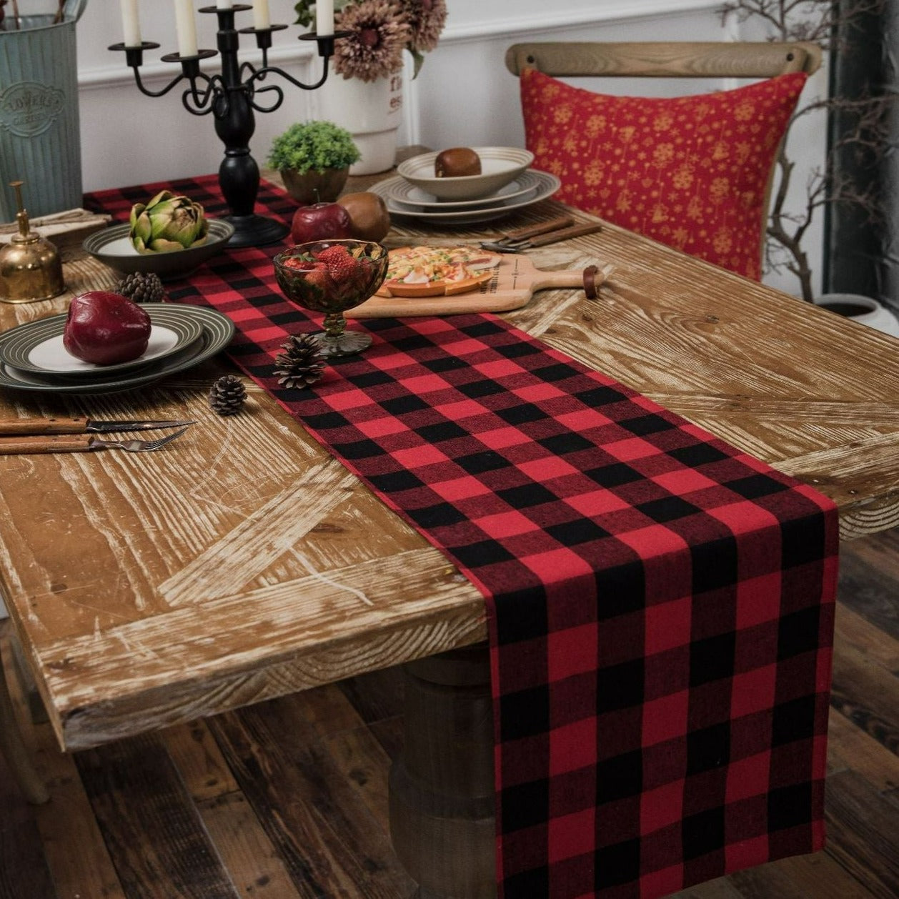 Geruite Tafelloper voor Feestelijke Kerstdecoratie van Jute