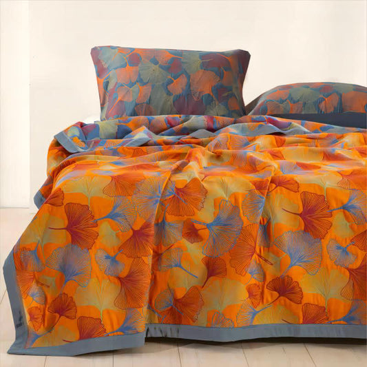 Ginkgo Blad Drielaags Katoenen Gaasquilt Slaapkamer Quilt met 2 kussenslopen Donkerblauw en oranje