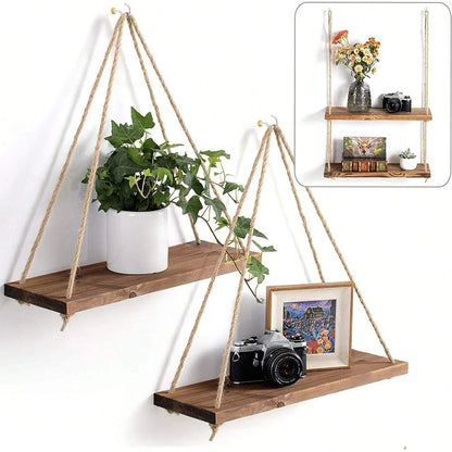 Houten Wandplank Met Touw Voor Planten En Decoratie 35x14cm