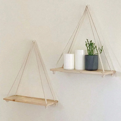 Houten Wandplank Met Touw Voor Planten En Decoratie 35x14cm