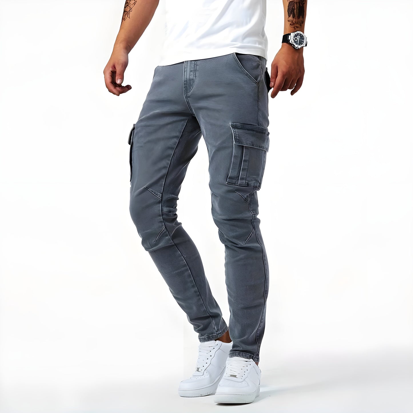 Stretch Denim Cargo Broek Grijs