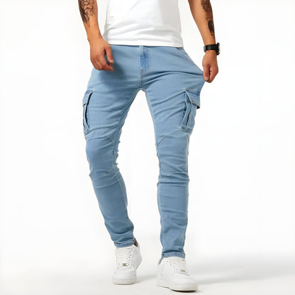 Stretch Denim Cargo Broek Blauw