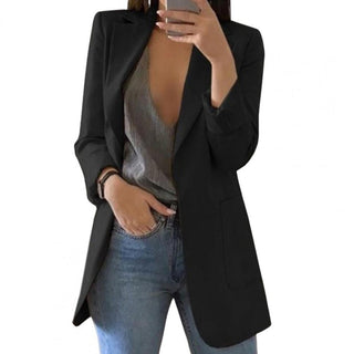 Mechi | Lange werkblazer met zijzakken voor dames | Reverskraag zwart