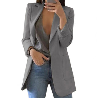 Mechi | Lange werkblazer met zijzakken voor dames | Reverskraag grijs