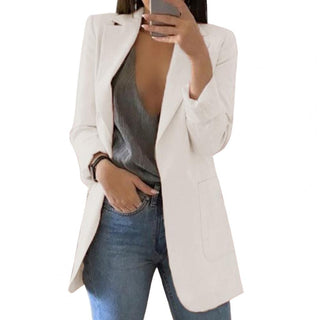 Mechi | Lange werkblazer met zijzakken voor dames | Reverskraag wit