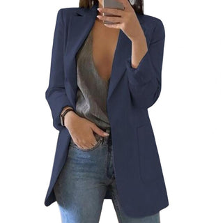Mechi | Lange werkblazer met zijzakken voor dames | Reverskraag marineblauw