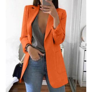 Mechi | Lange werkblazer met zijzakken voor dames | Reverskraag oranje