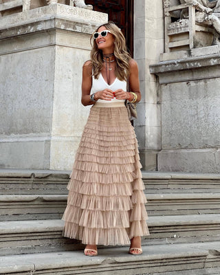 Sephira | Dames Gelaagde Tule Maxi-rok – Elegante Etagelook & Luchtige Stijl beige