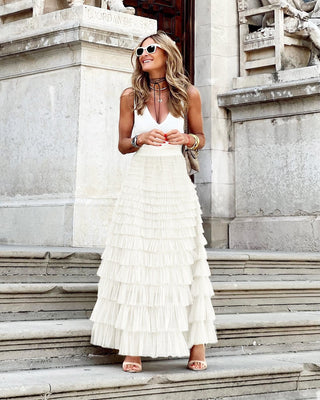 Sephira | Dames Gelaagde Tule Maxi-rok – Elegante Etagelook & Luchtige Stijl Wit