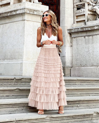 Sephira | Dames Gelaagde Tule Maxi-rok – Elegante Etagelook & Luchtige Stijl Roze