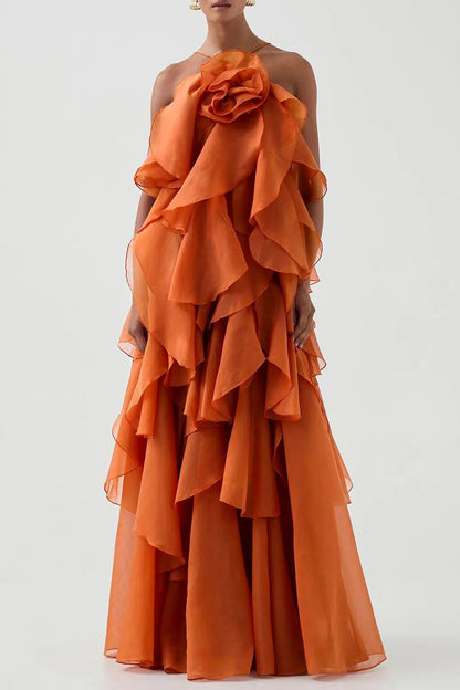 3D Bloem Halter Nek Franje Maxi Jurk